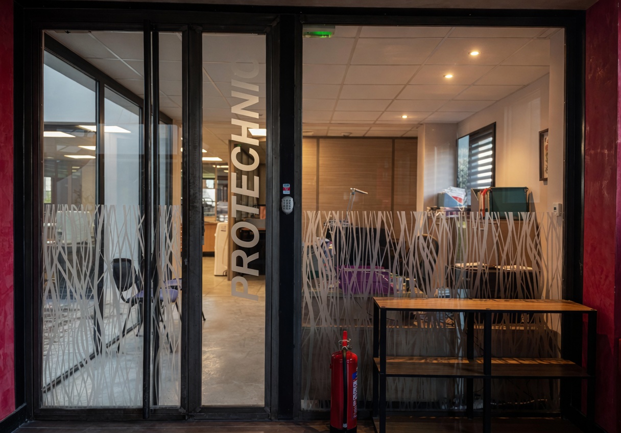 Accueil — porte vitrée du laboratoire Protechnic