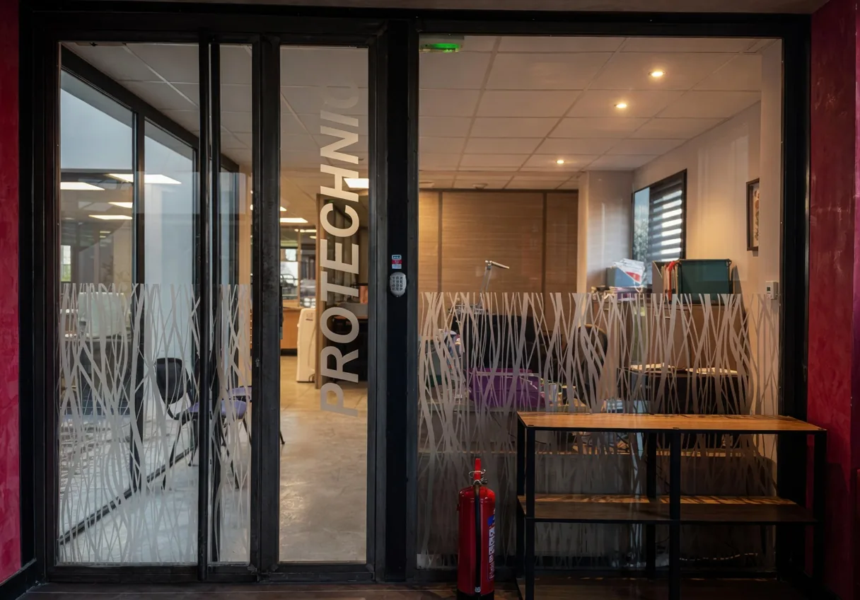 Accueil — porte vitrée du laboratoire Protechnic